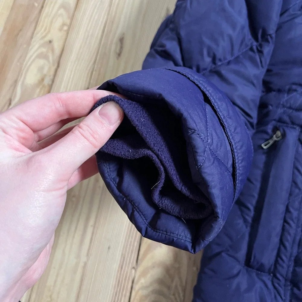 Lands End Women L Purple‎ Diamond Quilted Down Puffer Jacket Faux Fur Hood Lined